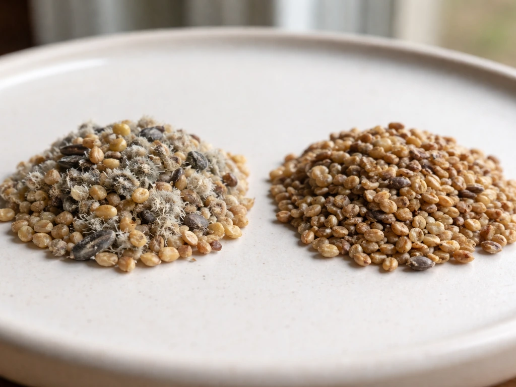 Close-up comparison of moldy (fuzzy gray-green) vs old dry bird seed on a ceramic plate.