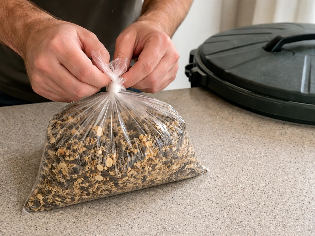 Hands tying a clear plastic bag of old bird seed, ready to be put into outdoor trash.