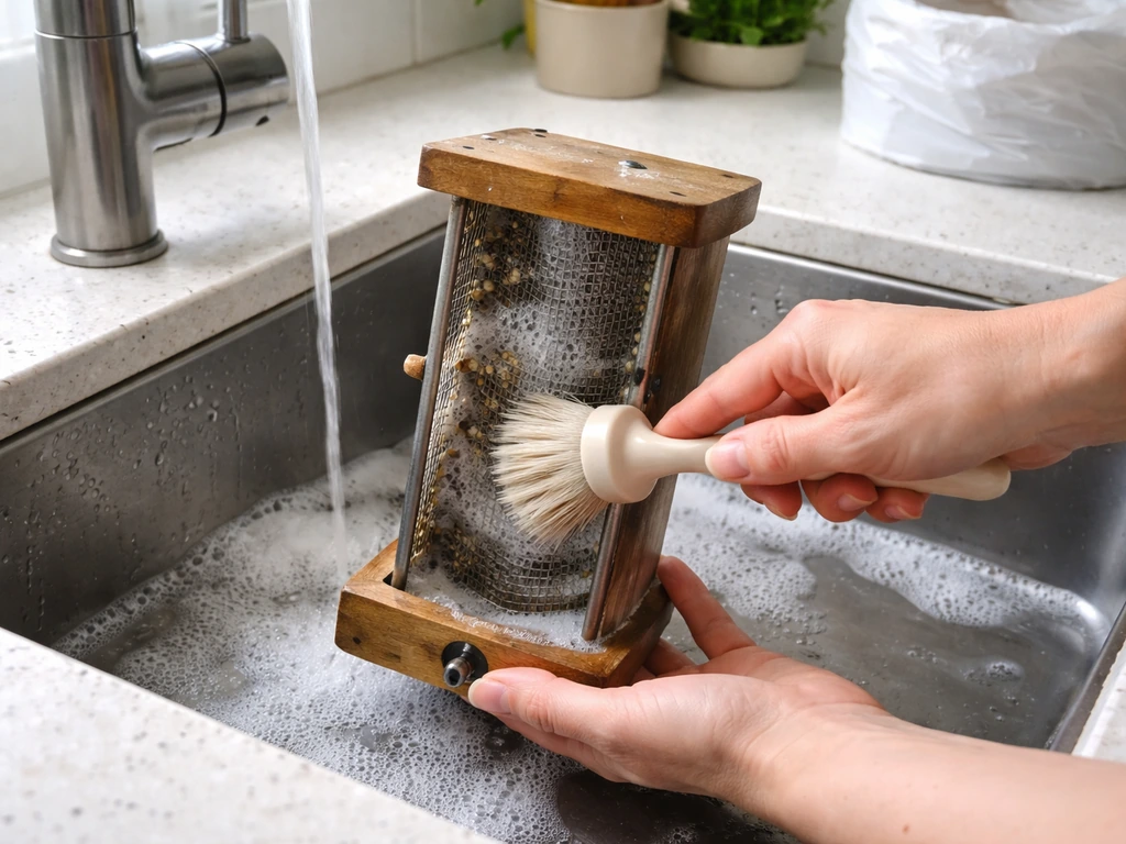 Hands scrubbing a small seed feeder with warm soapy water and a brush over a sink