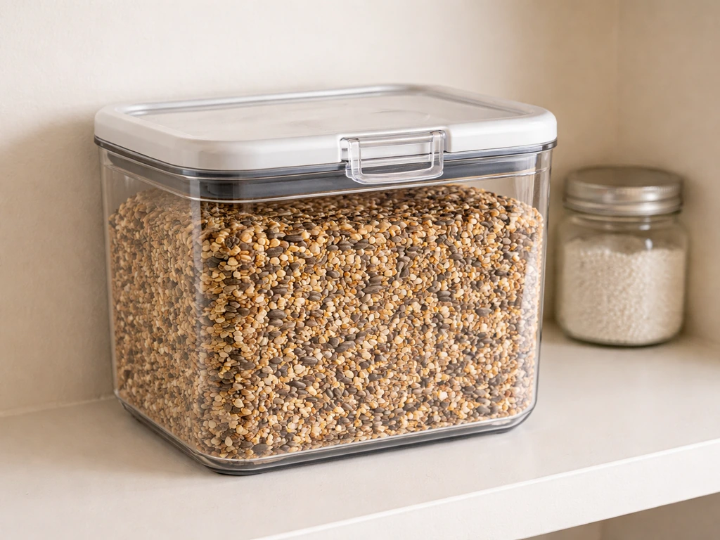 Hard-sided airtight container with a tight lid holding dry bird seed in a clean, moisture-free setting.