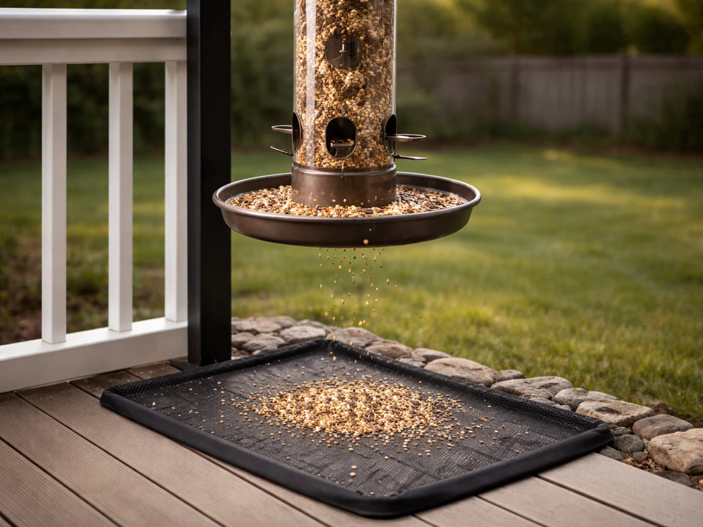 Backyard bird feeder with seeds falling into a tray catch to prevent spills and mess