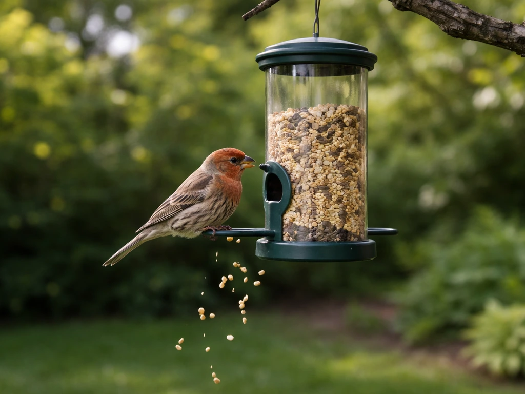 Songbird perched at a hanging feeder while seeds tumble down from the opening.