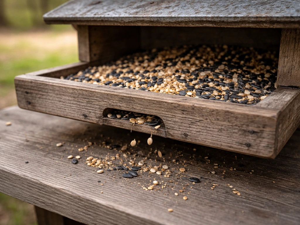 Close-up of an open-tray platform bird feeder with seed spilling from the tray edge.
