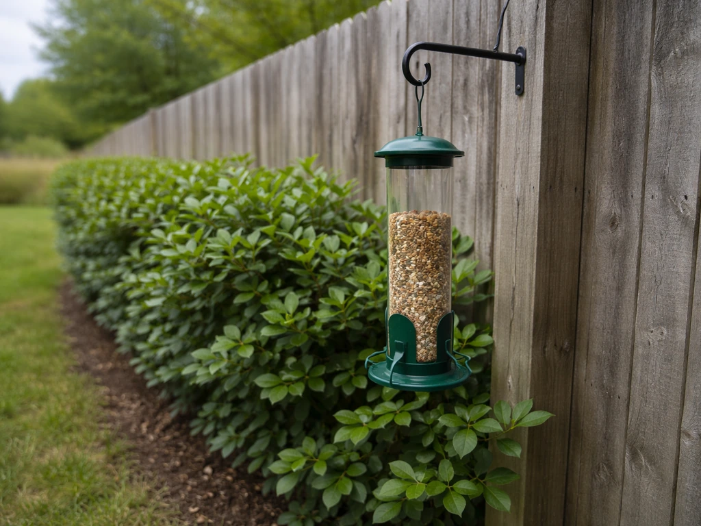 Bird feeder placed beside a fence with shrubs providing wind shelter in a calm backyard yard