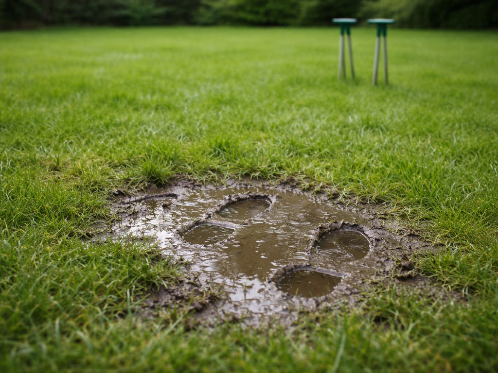 Verdichte plek in een gazon waar water blijft staan, met beluchtingspennen zichtbaar in de achtergrond.