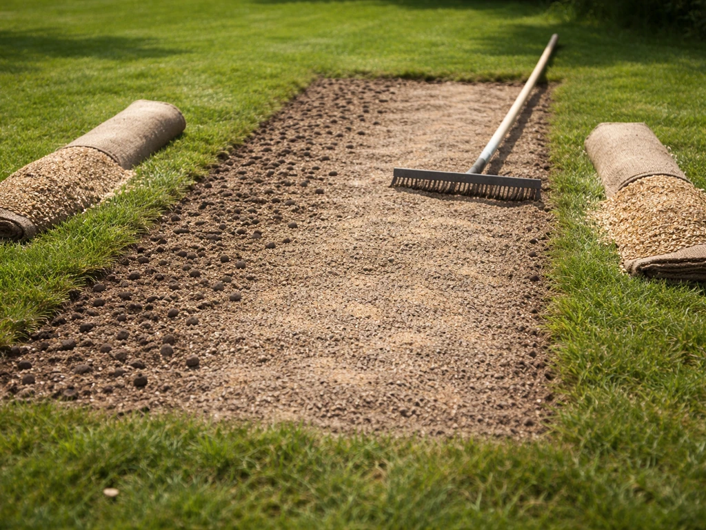 Gazongrond na beluchting, losgewoelde kernen zichtbaar, topdressing en een strookje graszaad klaar.