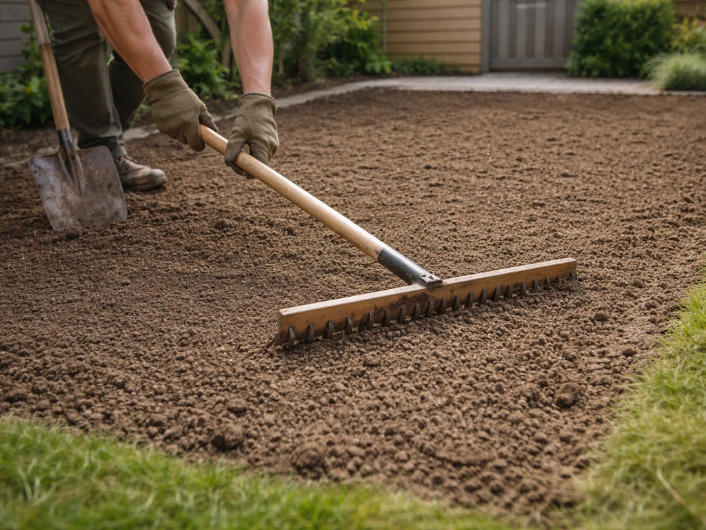 Egalisering van een zaaibed met een hark op kleigrond, klaar om gras in te zaaien of te leggen