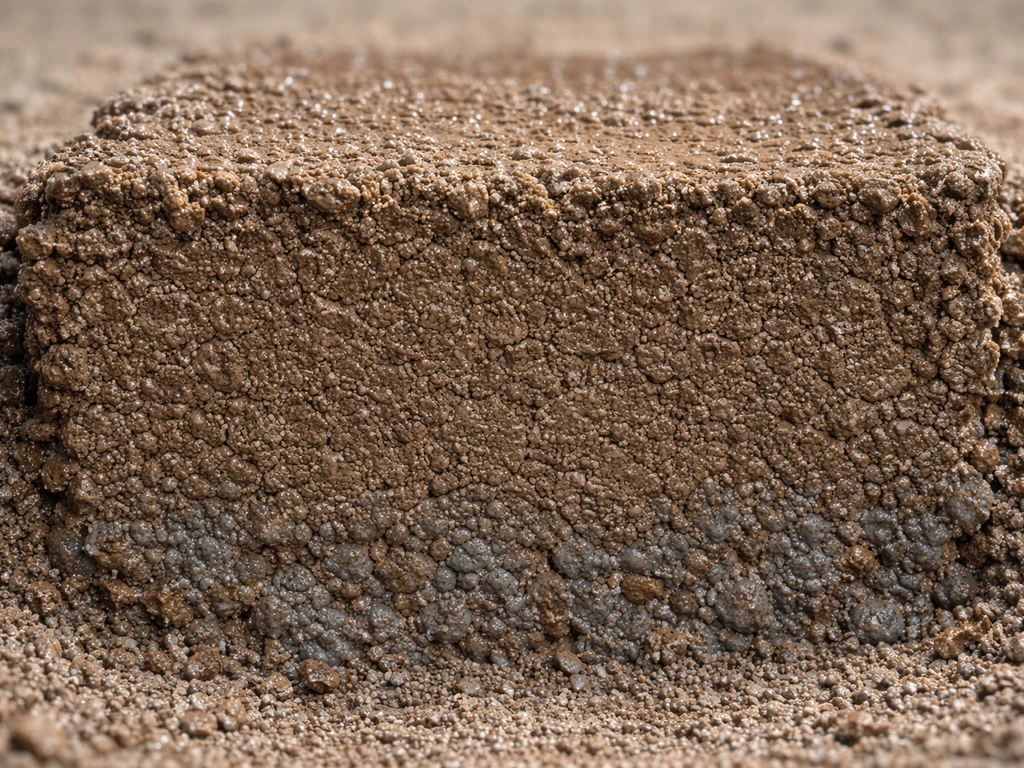 Close-up van verdichte kleigronddeeltjes, met compacte structuur en subtiele blauwachtige verkleuring door slechte doorl