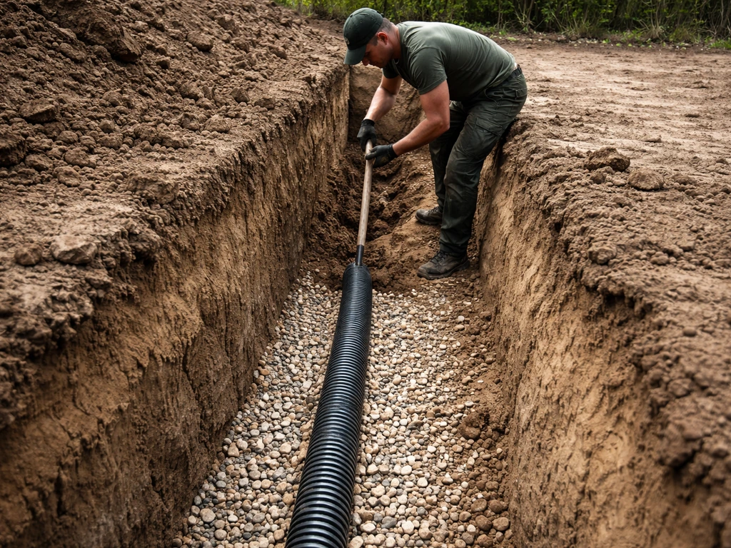 Kleigrond met gegraven sleuf en drainagebuis, omringd door steenslag/filterscherm in een tuin.