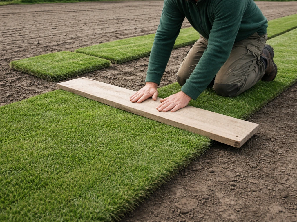 Twee medewerkers leggen graszoden op kleigrond en drukken ze aan met een plank voor goed contact