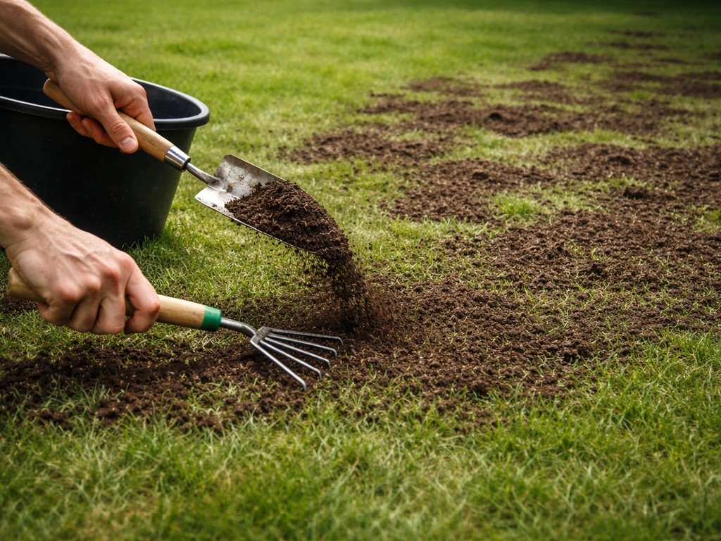 Kort gemaaid gazon met handen die dun laagje tuinaarde gelijkmatig aanbrengen zonder het gras te bedelven.