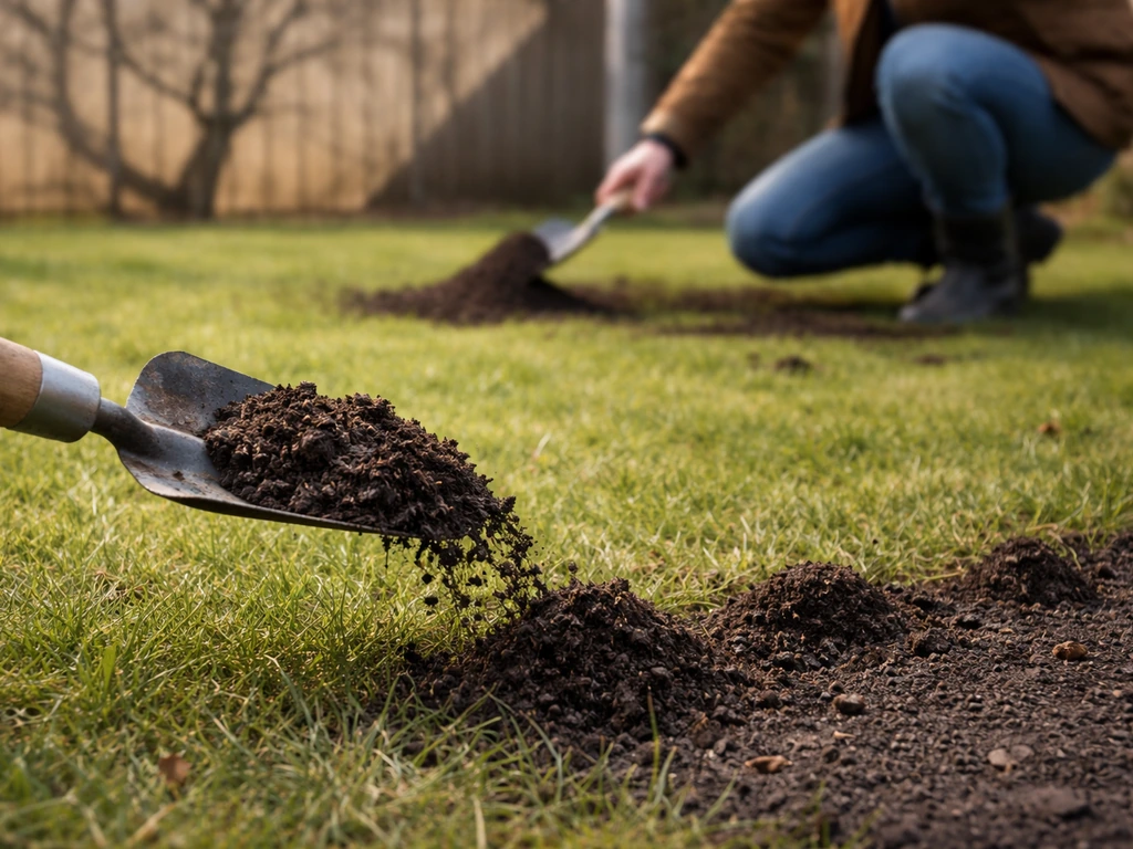 Anoniem gazon in de tuin, met een schep mest/grond klaar voor ophogen in voorjaar of vroeg najaar.
