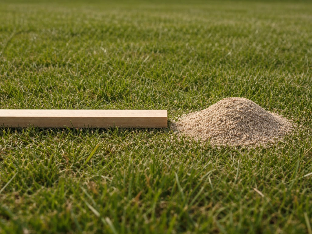 Meetlat op het gazon met een kleine hoeveelheid zand voor 1 cm ophoging per m²