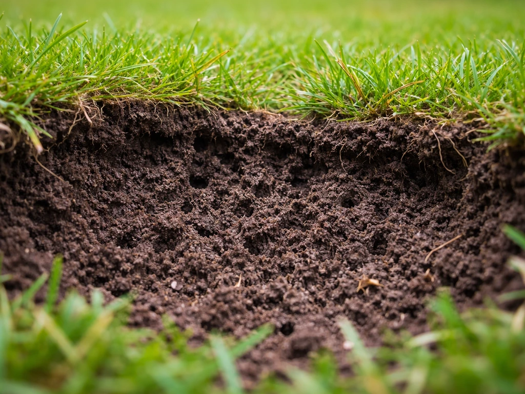 Close-up van verdichte grasmat met zichtbare bodemlaag en poriën in de grond, die luchtdoorlaatbaarheid suggereren.