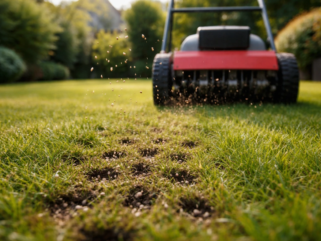Graszoden en een beluchtingsmachine op een gazon, met licht zichtbare zaden en mestkorrels in de gaatjes.
