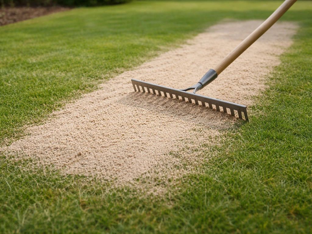 Gazon in voorbereiding: kort gemaaid gras, maaisel verwijderd en zand egaliseren met hark.