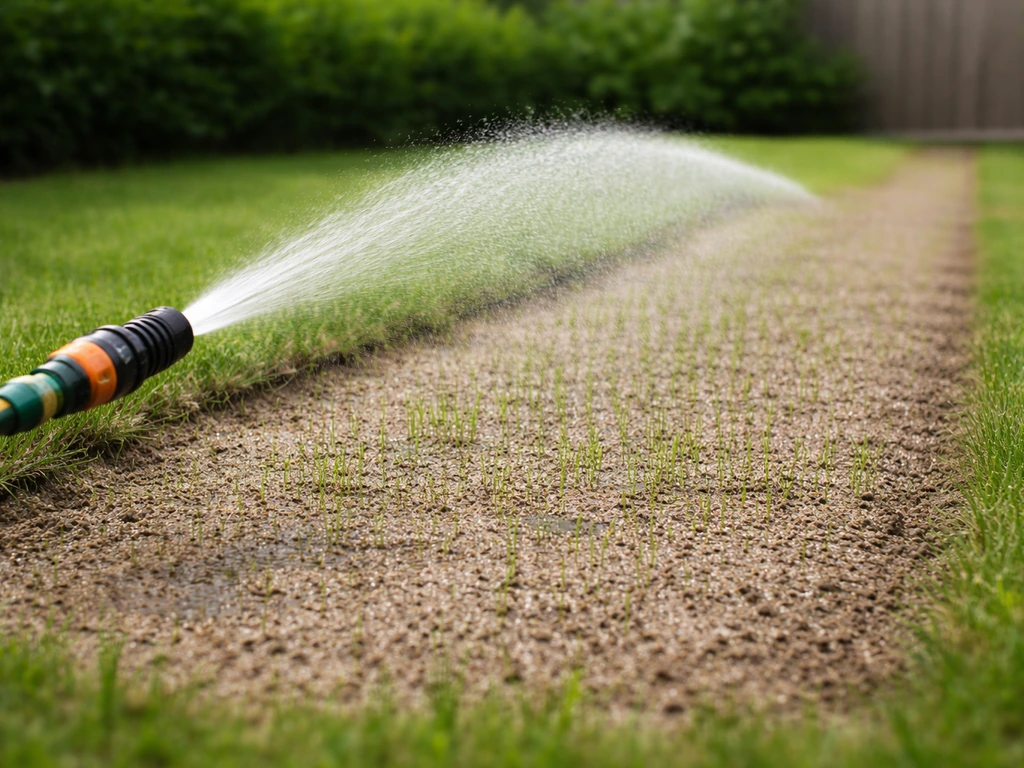 Egaliseerde gazonstrook met fijne nevel van sproeier en net opkomende grasscheuten in natte grond.