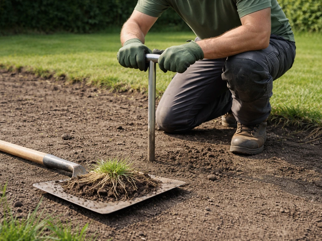 Anonieme tuinier onderzoekt grond op pH en verwijdert onkruidwortels in een kaal stuk gazon.