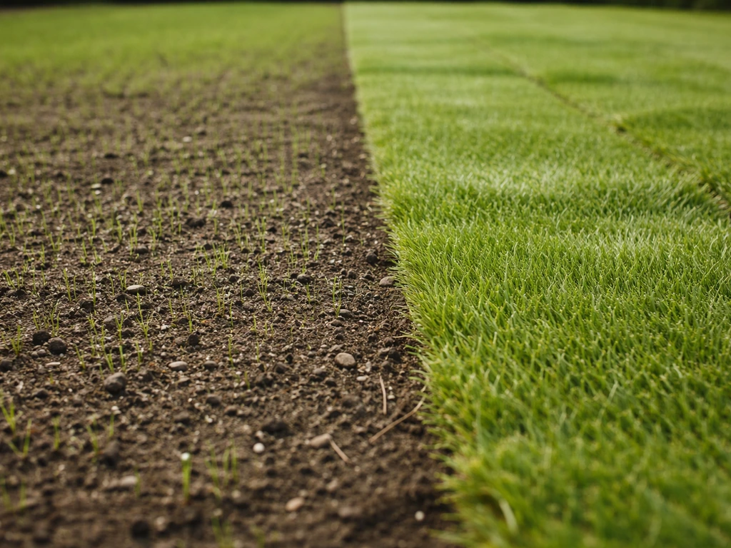 Kiemend ingezaaid gazon met zichtbare sprieten naast een strook met recent gelegde rolzoden en zichtbare naden