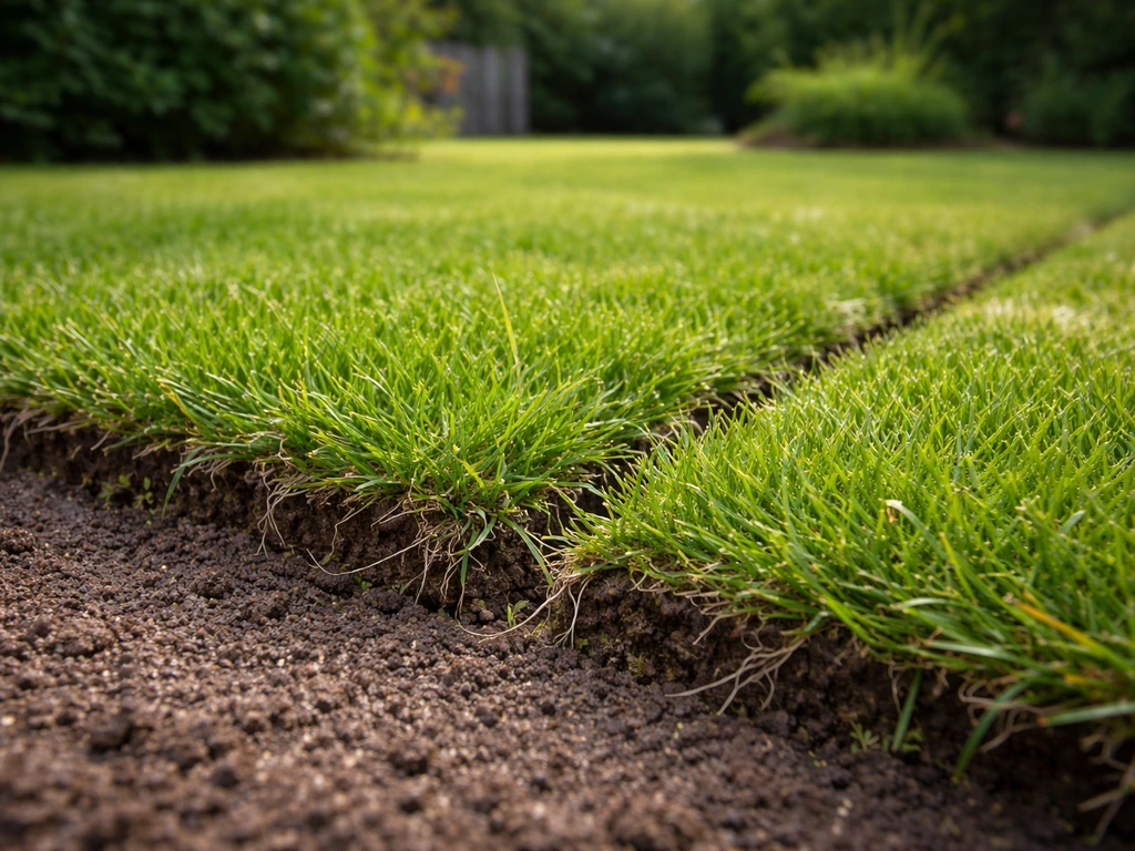 Close-up van graszoden met zichtbare naden en jonge wortelgroei op een gazonbodem in een tuin.