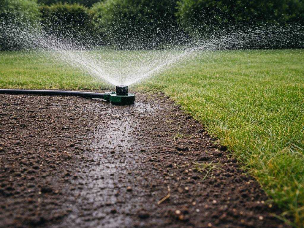 Sproeier besproeit een vers aangelegd stuk gazon; vochtige grond en waterdruppels zijn zichtbaar.