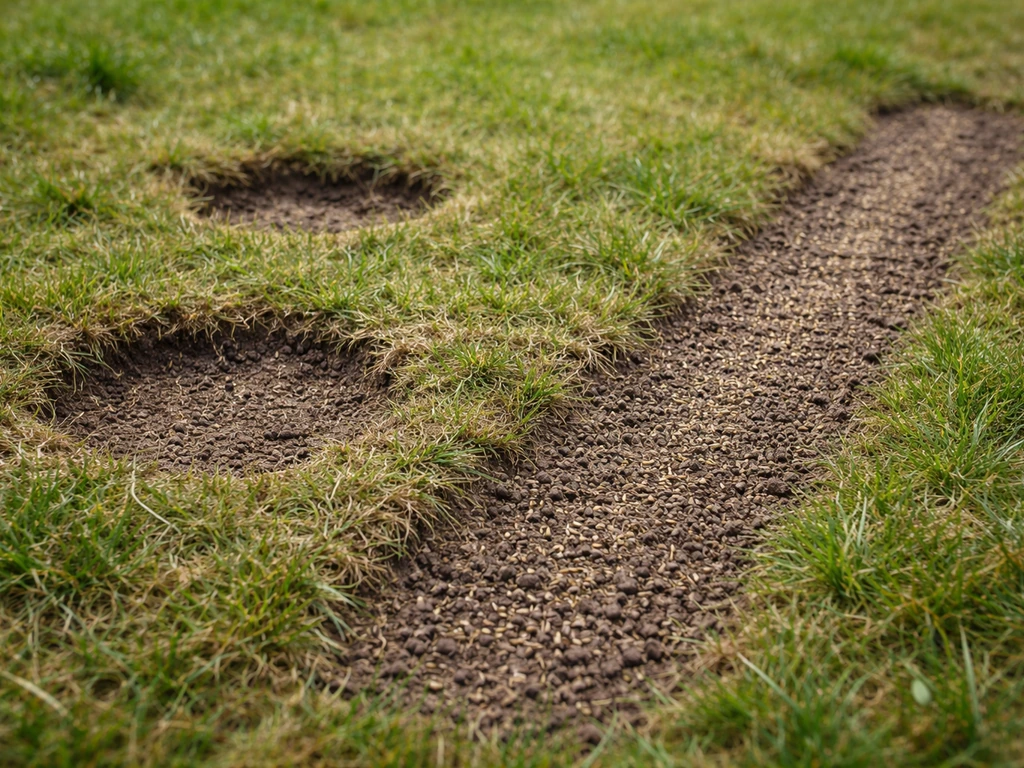 Ingezoomd gazon met kale gaten en een voorbereide strook met zichtbaar gezaaid graszaad voor herstel.