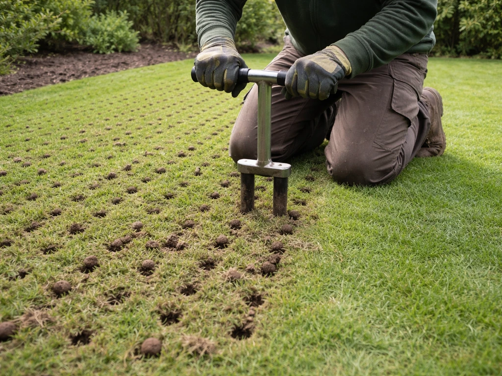 Tuinier belucht een Nederlands gazon met een prikbeluchter; gaten en uitgehaalde kernen in het gras zichtbaar.