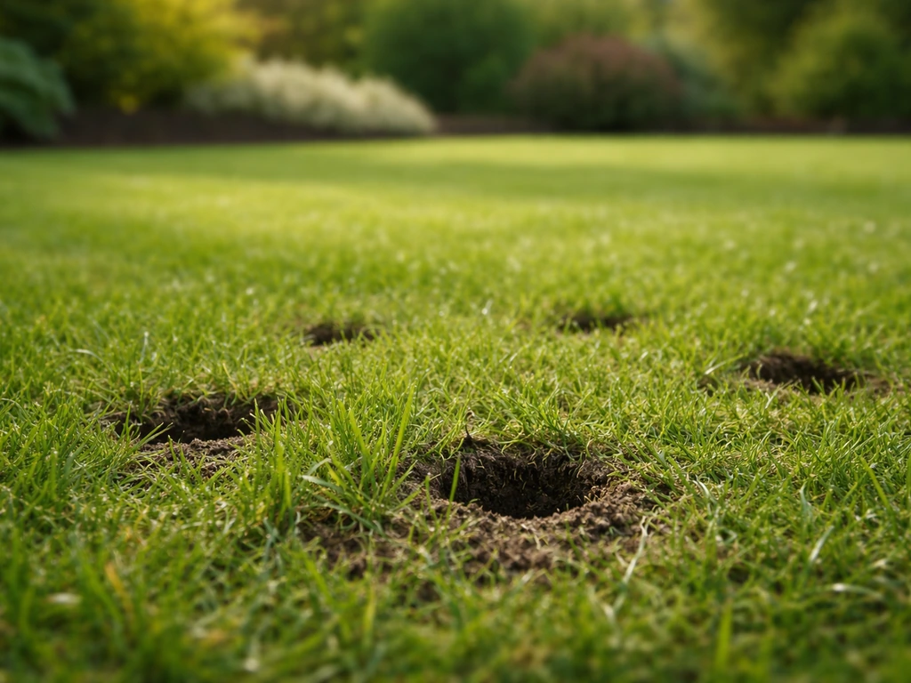 Groen gazon met aarde-prikgaatjes na beluchting, bij daglicht in het voorjaar of vroege najaar