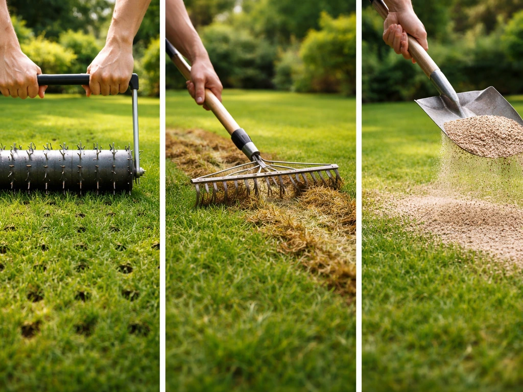 Tuinier werkt aan gazon met drie aparte behandelingen: beluchten met prikroller, verticuteren met krabber, bezanden met