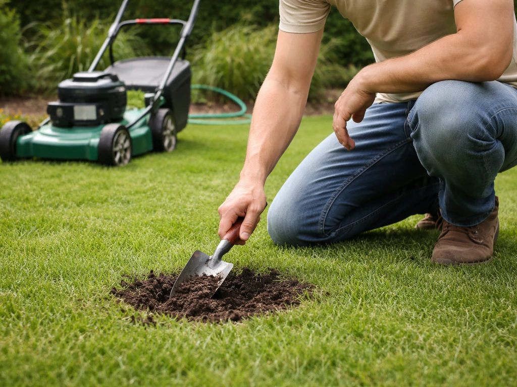 Persoon met grasmaaier maait kort gras (3-4 cm) en controleert bodemvochtigheid met handschepje in tuin.