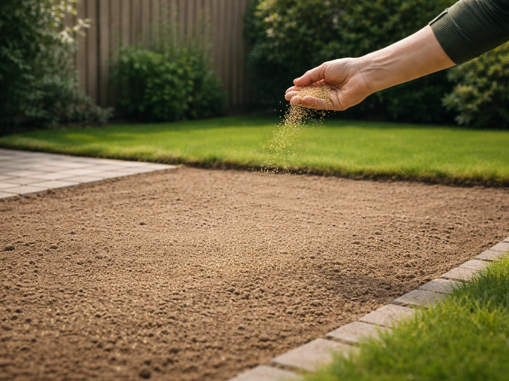 Tuinperceel in Nederland met vlakke ondergrond en een hand die graszaad of grasrol aanlegt