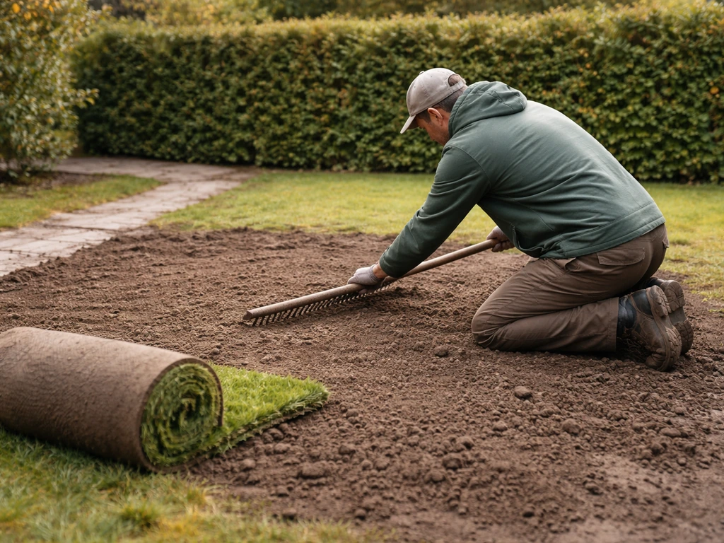 Anonieme tuinier die in het vroege najaar de grond egaliseert naast klaar liggende graszoden.