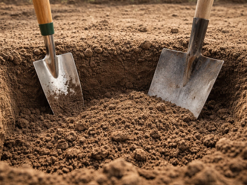 Close-up van een schep die 20–30 cm grond losmaakt, met een schone, kruimelige toplaag zonder stenen of wortels.