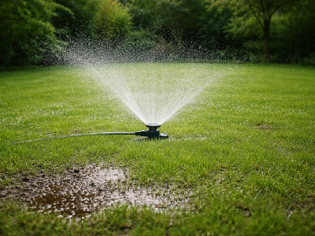 Vers aangelegd gazon met sproeier die gelijkmatig water geeft; gras en grond zijn duidelijk nat.
