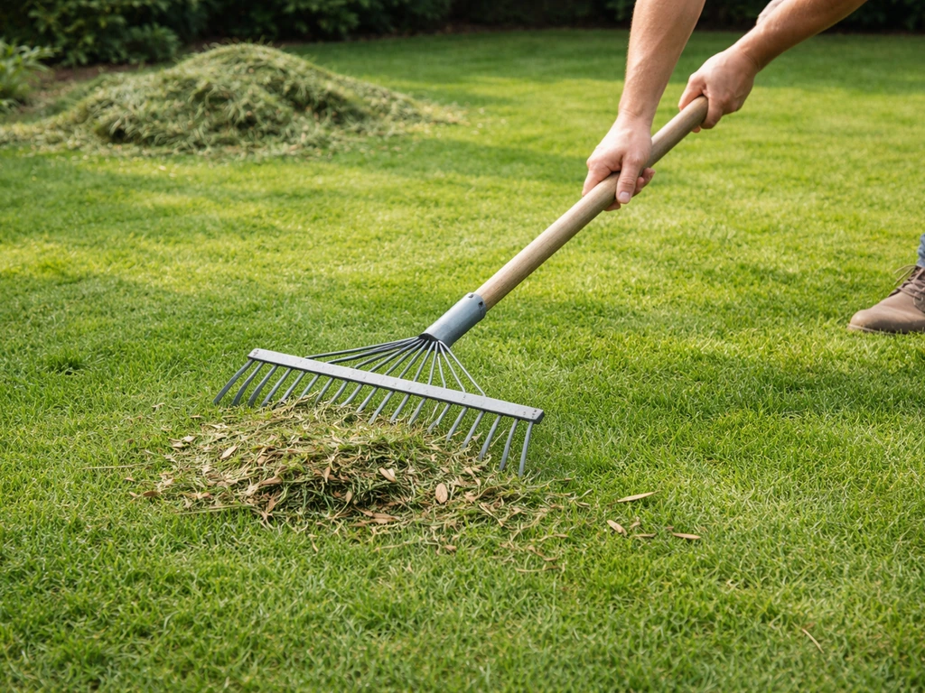 Kortharig gemaaid gazon met hark die maaisel en steentjes verwijdert, met gemaaid gras op de achtergrond.