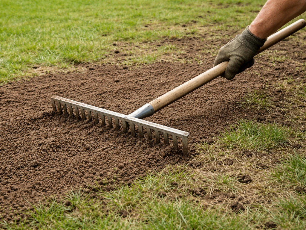 Tuinier die met een hark dunne topdressing/teelaarde gelijkmatig over beluchte plekken in het gazon verdeelt.