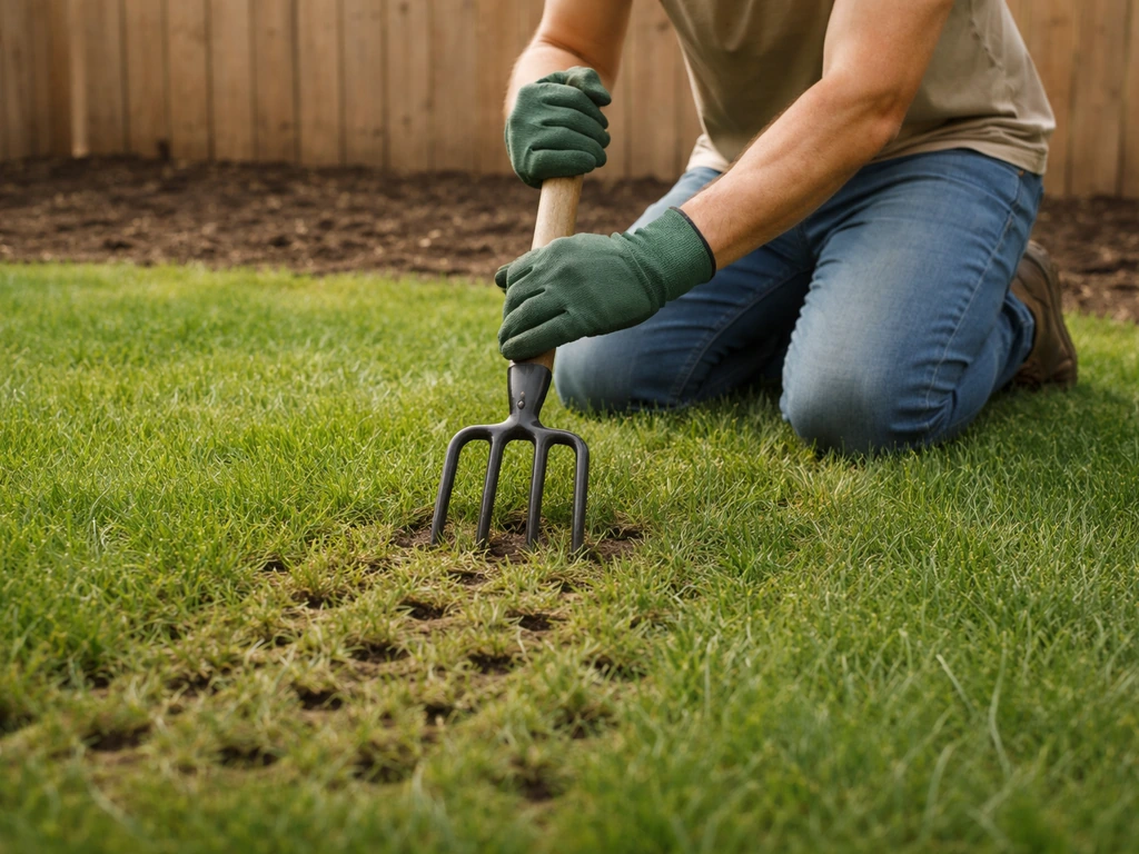 Anonieme tuinman met handschoffel en gazonbeluchtingsvork bij een groen gazon, minimale scene, geen tekst.