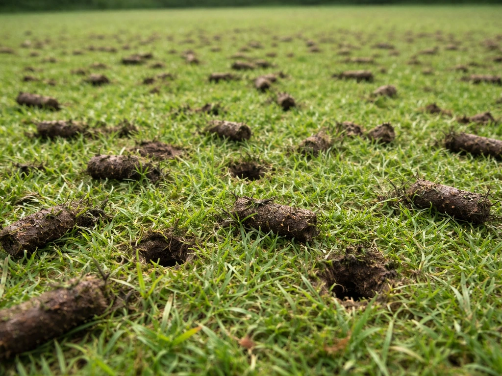 Kerntjes en aarde uit het beluchten liggen op het gazon, direct na het beluchten in natuurlijk daglicht.