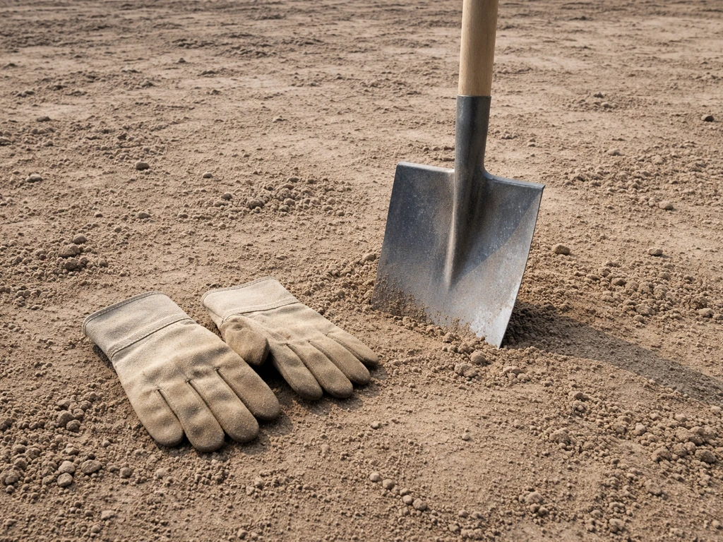 Werkhandschoenen en een schop op kale grond, klaar om te beoordelen of je renoveert of opnieuw begint.