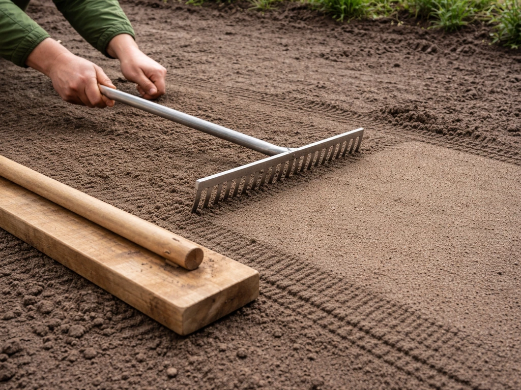 Tuinierhark trekt de grond vlak; een aandrukplank/rolspoor drukt de toplaag aan op een lege tuinbedding.