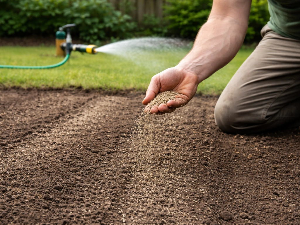 Man zaait gazonzaden gelijkmatig en geeft daarna water over een pas ingezaaid gazon
