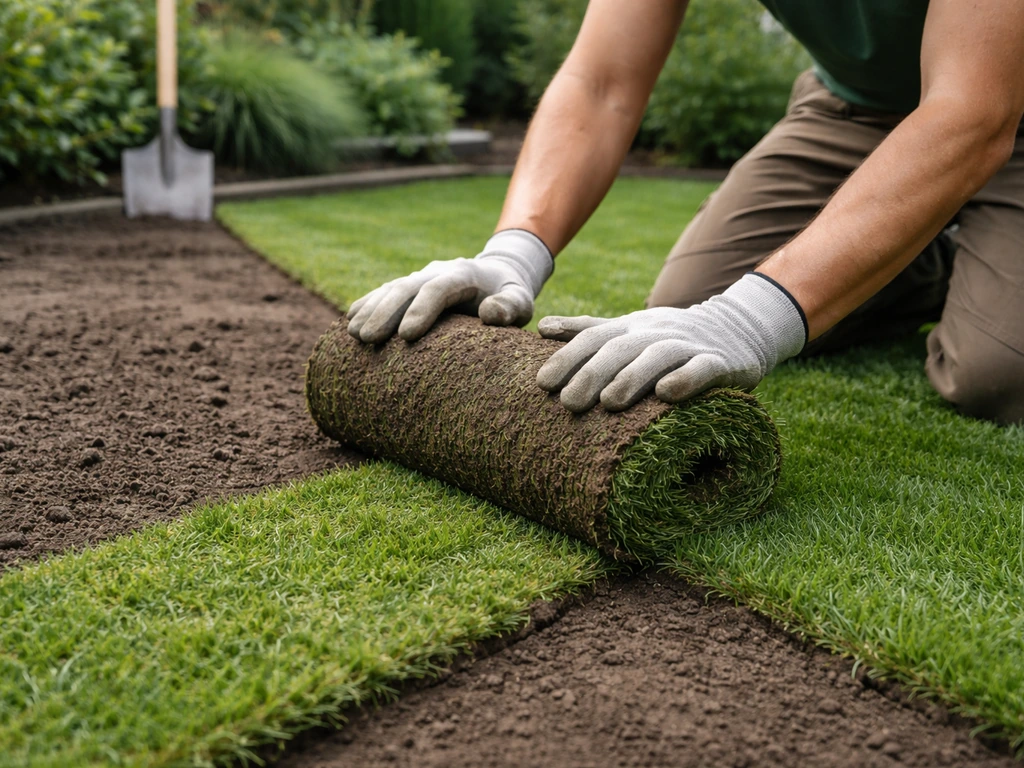 Handen die graszoden op kale grond leggen, met duidelijke focus op textuur en frisse nieuwe grasmat.