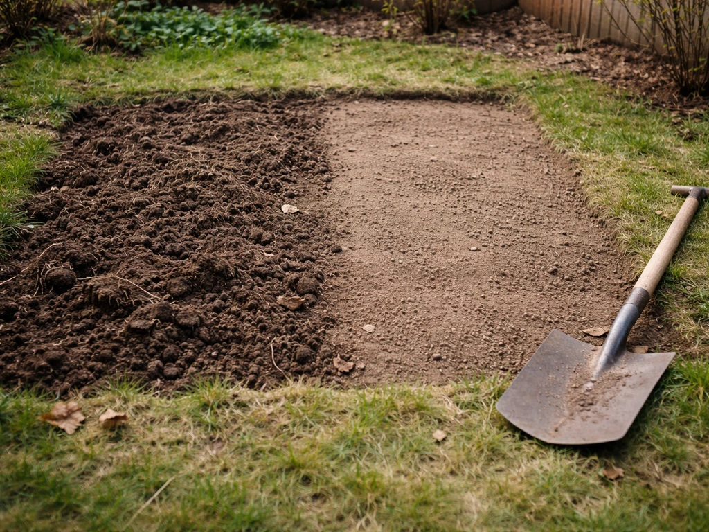 Vrijgemaakte tuinbodem na het verwijderen van gras en onkruid, klaar om te frezen en te egaliseren.
