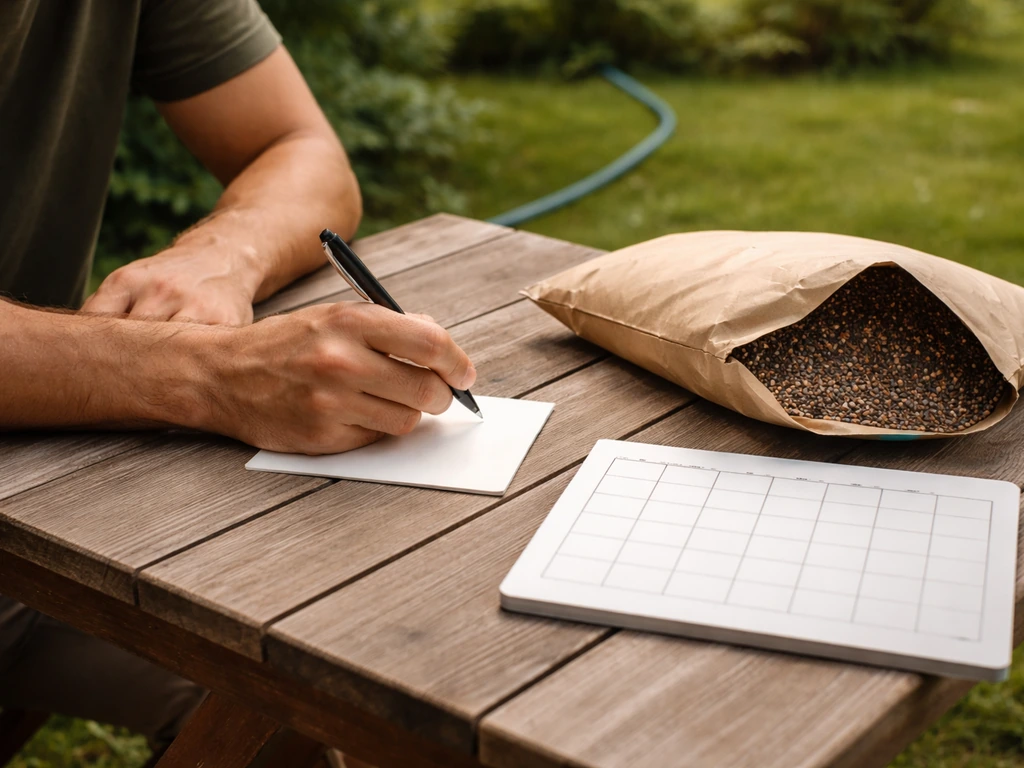 Handen bij tuintafel met geopende mestzak en notitiekaart, met gazon op de achtergrond.