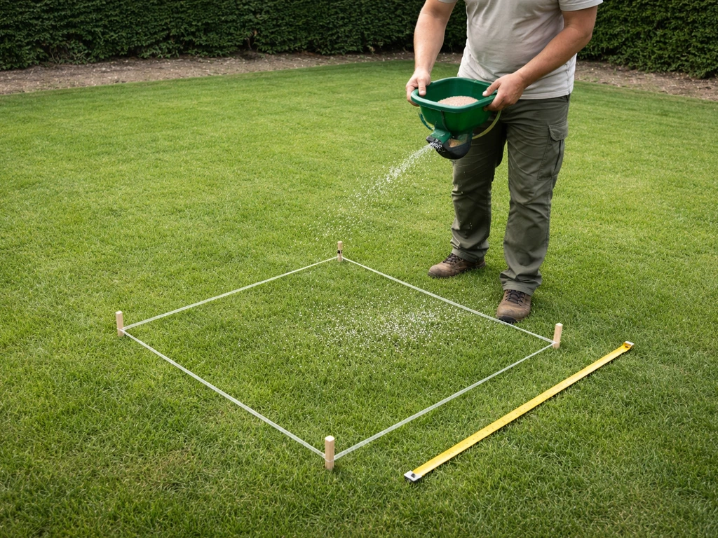 Anonieme tuinier strooit gelijkmatig kunstmest op een gemarkeerd 1 m² proefvak op een groen gazon, met meetlint.