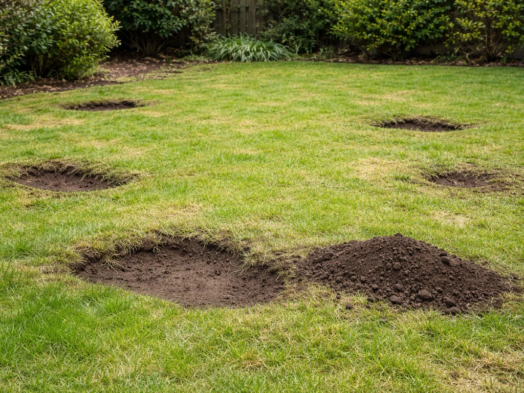 Groen grasveld met enkele zichtbare kuilen en oneffen plekken, passend bij verzakking of vorstschade