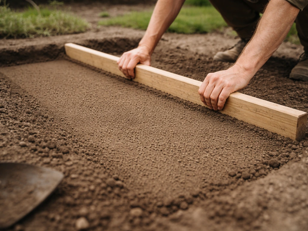 Handen met rechte houten lat die tuinaarde in een tuinbed glad trekken; duidelijke laag en aarde textuur.