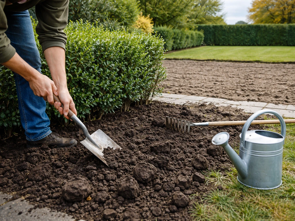 Anonieme handen die aarde omwerken voor een nieuw gazon in een rustige tuin, herfstachtige sfeer.