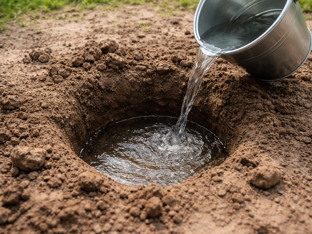 Rond gegraven gat in de grond gevuld met water om de afwatering te controleren, met een emmer water in beeld.