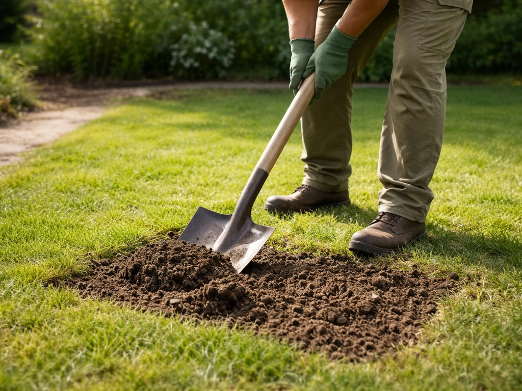 Tuinier met schop op een droog gazon, zichtbare bodemstructuur zonder sporen van te nat werk